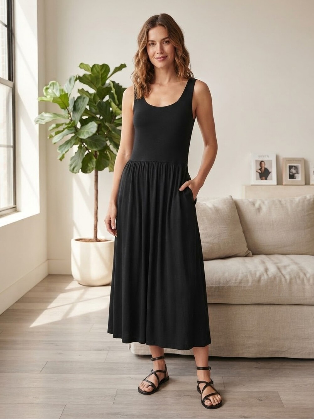 Black Tape Black Tank Midi Maxi Dress Scoop Neck Size Small